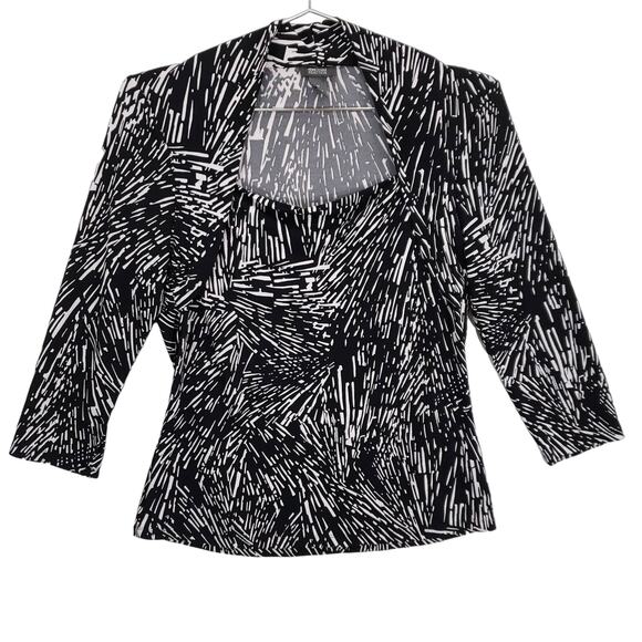 Kenneth Cole Reaction Blouse Womens Medium Black White Geometric Chic Pullover - Picture 1 of 6
